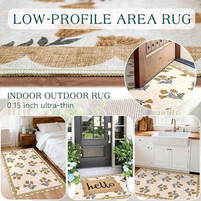 Floral Outdoor Rug - 28" x 43" Front Door Mat Indoor Outside Entrance Non-Slip Washable Outdoor Mat Beige Vintage Farmhouse Rug for Entryway Kitchen Bedroom Layered Doormat for Front Porch