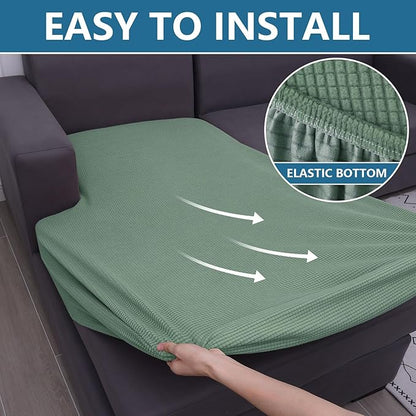 hyha Waterproof Sectional Couch Covers, Non Slip Sofa Couch Cushion Covers L Shape, Thick Stretch Jacquard Fabric, Washable Sofa Slipcovers with Elastic Bottom (1 Piece for Chaise XL, Green)