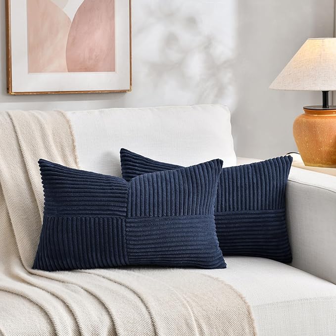 Fancy Homi 2 Packs Navy Blue Lumbar Decorative Throw Pillow Covers 16x26 Inch for Living Room Couch Bed Sofa, Farmhouse Home Decor, Soft Striped Corduroy Rectangle Accent Cushion Case 65x40 cm