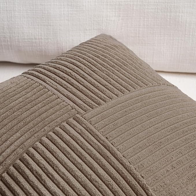 Fancy Homi Set of 2, Light Brown Patchwork Corduroy Decorative Soft Striped Modern Accent Cushion Case Farmhouse Boho Neutral Throw Pillow Covers for Chair Couch Bed Sofa Living Room 24x16 Inch