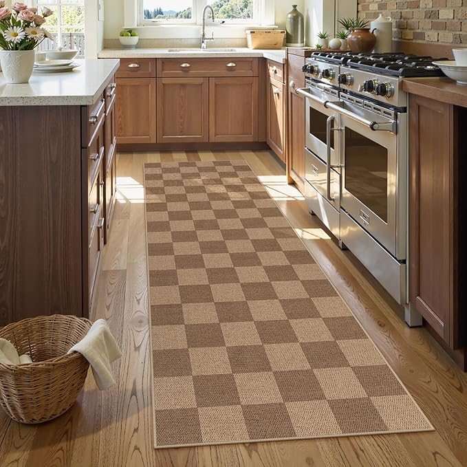 Lahome Colette Checkered Easy Jute Kitchen Runner, 2x8 Washable Indoor Outdoor Runner Rug, Checkerboard Non Slip Non Shedding Neutral Carpet for Hallway Entryway Foyer