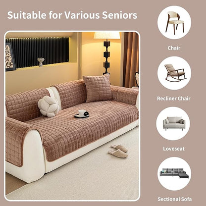 Velvet Couch Cover, Plush Sectional Sofa Cover Washable, Anti Slip Sofa Slipcover for 3-4 Cushions Sofas, Furniture Protector Covers for Pets & Kids(1PC, Dark Brown, 35.4"×82.6", 3-4 Seater)