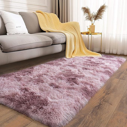 Soft Runner Rugs for Bedroom Hallways, 2x6 Tie-Dyed Grey Purple Fluffy Shag Throw Area Rug Non Slip for Bedside Dorm, Long Shaggy Furry Carpet for Nursery Living Room