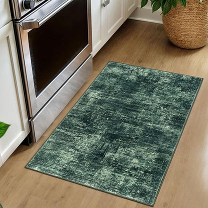 IOHOUZE Small Abstract Area Rug 2x3 Ft Entryway Rugs Washable Door Mat Indoor Entrance, Rubber Backed Throw Rugs, Printed Faux Wool Non Slip Floor Carpet for Foyer Front Door Sink, Dark Green