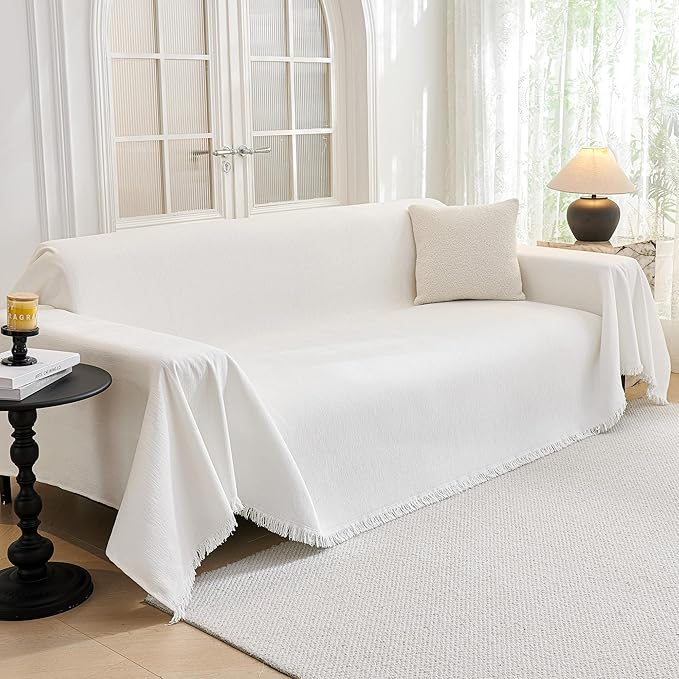 MYSKY HOME Couch Cover for Dogs Washable Couch Covers Couch Covers for Sofa Couch Cover 2 Cushion Sofa Non Slip Dogs Furniture Protector with Tassels Chenille Sofa Covers for Pets, 71"x102", White