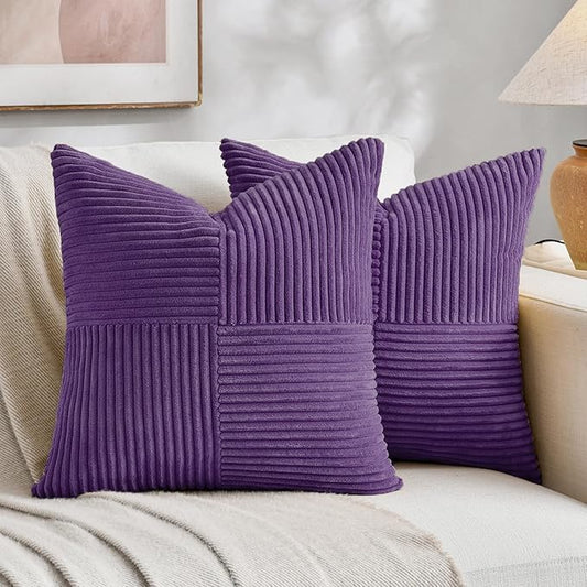 Fancy Homi 2 Packs Purple Decorative Throw Pillow Covers 20x20 Inch for Living Room Couch Bed, Farmhouse Boho Home Decor, Soft Corss Corduroy Patchwork Accent Square Cushion Case 50x50 cm