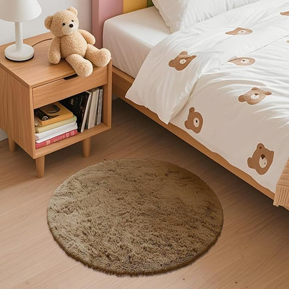 OLANLY Taupe Round Rugs for Bedroom - Machine Washable, 2 ft Circle Area Rugs for Living Room, Soft and Fluffy Shaggy Carpet for Teen Girl and Boys, Nursery Rooms, Dorms, Home Decor Aesthetic
