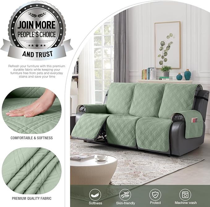 TAOCOCO 100% Waterproof Recliner Sofa Cover, Non Slip Split Couch Covers for Reclining Couches with Straps, Washable Reclining Sofa Cover Furniture Protector for Kids Pets(3 Seater, Sage Green)
