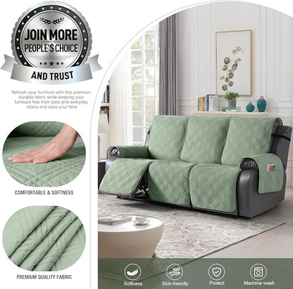 TAOCOCO 100% Waterproof Recliner Sofa Cover, Non Slip Split Couch Covers for Reclining Couches with Straps, Washable Reclining Sofa Cover Furniture Protector for Kids Pets(3 Seater, Sage Green)