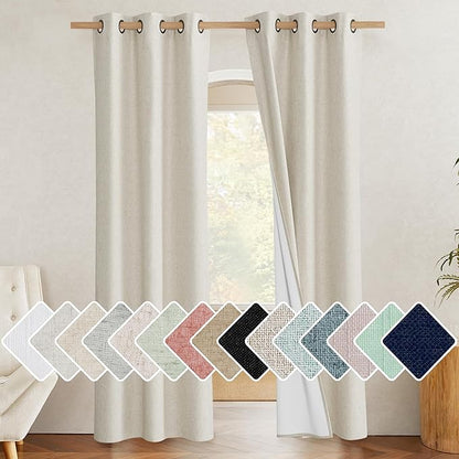NICETOWN Natural Full Blackout Boho-Chic Linen Curtains 90 inch Long 2 Panels Set for Cafe Window, 34 inch Wide, Thick Linen Blend Drapes, Insulated Window Covers Draperies with White Backing