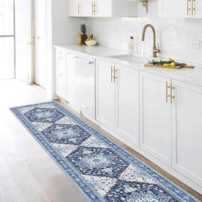 Yamaziot Washable Runner Rug, 2x10 Non-Slip Boho Vintage Hallway Rug Runner with Rubber Backing, Stain Resistant & Low Pile Faux Wool Distressed Carpet Runner for Kitchen, Laundry, Entrance, Blue