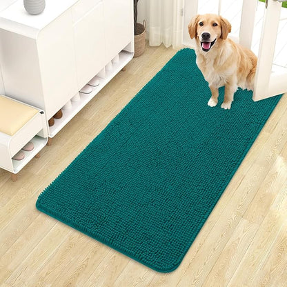 OLANLY Dog Door Mat for Muddy Paws 44x24, Absorbs Moisture and Dirt, Absorbent Non-Slip Washable Doormat, Quick Dry Chenille Mud Mat for Dogs, Entry Indoor Entryway Carpet for Inside Floor, Lake Blue