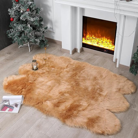 linmopm Faux Fur Rug Sheepskin Shag Fluffy Fuzzy Beige 4x6 ft Rugs for Bedroom Bedside Bed Floor Living Room Plush High-Density Cushion Carpet Super Sofa Cover