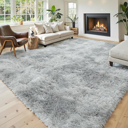 8x10 Area Rugs for Living Room Bedroom, Large Area Rug Shag Shaggy Carpet Soft Plush Furry Bedside Rug, Rugs for Home Decor (Light Grey Tie-Dyed, 8x10 Feet)