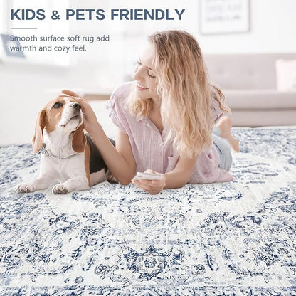 10x14 Area Rugs for Living Room: Washable Rug Vintage Large Rugs Soft Non Slip Low Pile Rug Floral Distressed Floor Carpet for Bedroom Nursery Dining Room Home Office (Blue,10'x14')
