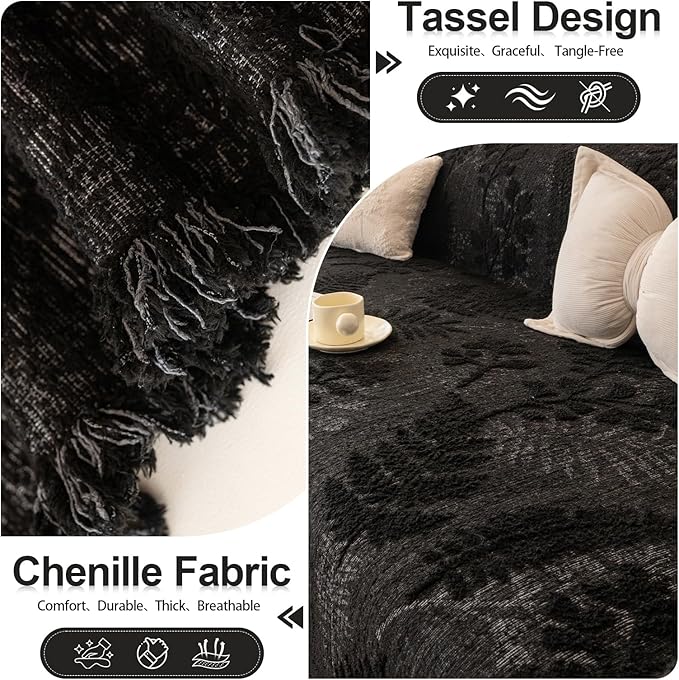 HANDONTIME Washable Couch Covers for Sofa Boho Couch Covers for 3 Cushion Sofa Pet Friendly Black Chenille Jacquard Couch Protector for Dogs Plant Branch Sectional Cover Sofa Slipcovers, 71" X 134"