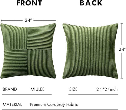 MIULEE Moss Green Decorative Euro Sham Pillow Covers 24x24 Inch for Bed Couch Sofa Spring Decor Pack of 2 Boho Farmhouse Throw Pillows Soft Cross Corduroy Patchwork Textured Cushion Cases
