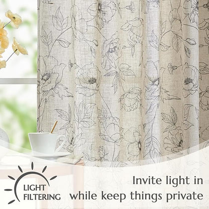 jinchan Linen Floral Curtains for Living Room 84 Inch Length Grey Flower Curtain Rod Pocket Back Tab Farmhouse Curtains with Printed Floral Bedroom Window Curtain Set, 2 Panels Gray
