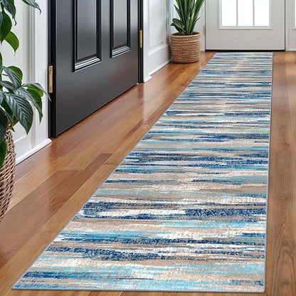 Lansny Modern Abstract Runner Rug 2x10, Blue Washable Long Kitchen Non-Slip Soft Hallway Thin Print Faux Wool Carpet for Entryway Bedroom Laundry Room Indoor Home Decor