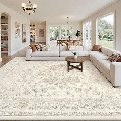Area Rugs 9x12 Living Room: Vintage Boho Neutral Washable Rug Indoor Soft Large Area Rug Carpet for Bedroom Nursery Farmhouse Dining Room Office Floor Non-Slip Low Pile Under Table Rug Beige White