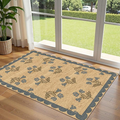 3x5 Floral Entry Rug - Small Washable Indoor Outdoor Mats for Front Door Non-Slip Jute-Look Porch Rug Boho Blue Scalloped Throw Rugs for Living Room Bedroom Entryway Kitchen Office Porch Decor