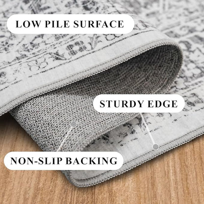 Hallway 2'6''x16' Runner Rug - Non-Slip Vintage Long Rug for Entryway Low-Pile Washable Medallion Runner Rugs for Hallway Waterproof Traditional Runner Rug Indoor Thin Rug for Kitchen (Grey)