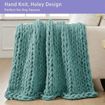 Bigacogo Chunky Knit Throw Blanket for Couch, 51x63 inches, 100% Hand Knitted with Thick Jumbo Chenille Yarn, Cozy Soft Large Rope Knot Cable Crochet Blankets for Sofa Bed Living Room, Light Teal