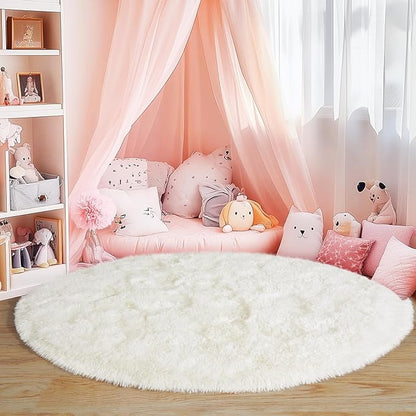 6‘x6’ Cream Round Rugs for Girls Bedroom, Ultra Soft Fluffy Circle Rug for Kids Room, Cute Shag Rugs for Living Room Playroom Tent Castle Home Decor Rug