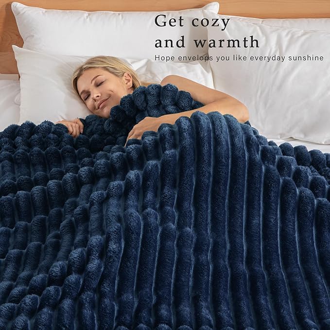 Exclusivo Mezcla California King Size Flannel Fleece Blanket, Super Soft Striped Jacquard Bed Oversized Blanket, Lightweight Fuzzy Cozy for All Seasons, 120x120 Inches, Navy Blue