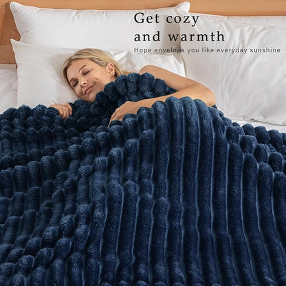Exclusivo Mezcla California King Size Flannel Fleece Blanket, Super Soft Striped Jacquard Bed Oversized Blanket, Lightweight Fuzzy Cozy for All Seasons, 120x120 Inches, Navy Blue