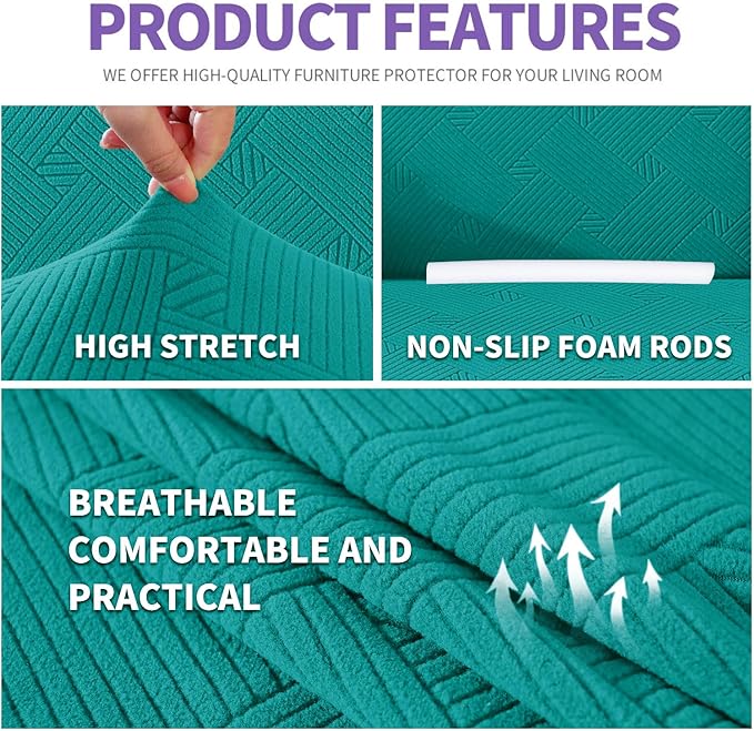 ZNSAYOTX Oversized Super Stretch Couch Cover (92"-115"), New Striped Sofa Covers Comfortable & Durable, Dog Cat Pets Friendly Extra Large Spandex Sofa Slipcovers (Peacock Teal, XL Sofa)