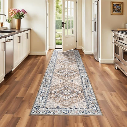 Lofus 2x8 Hallway Washable Runner Rug, Vintage Kitchen Runners Non Slip, Entryway Rugs for Bathroom Bedroom Living Room Laundry Room Floor Mat, Boho Entry Long Carpet, Floral Brown
