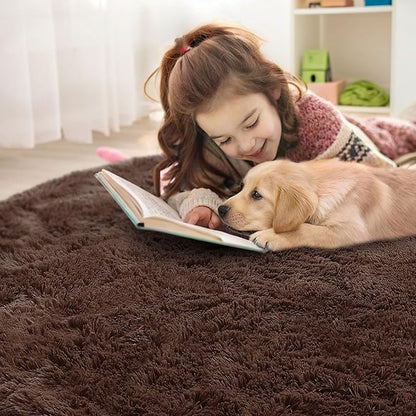 OLANLY Coffee Round Rugs for Bedroom - Machine Washable, 4 ft Circle Area Rugs for Living Room, Soft and Fluffy Shaggy Carpet for Teen Girls and Boys, Nursery Rooms, Dorms, Home Decor Aesthetic