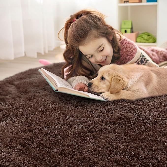 OLANLY Coffee Round Rugs for Bedroom - Machine Washable, 3 ft Circle Area Rugs for Living Room, Soft and Fluffy Shaggy Carpet for Teen Girls and Boys, Nursery Rooms, Dorms, Home Decor Aesthetic