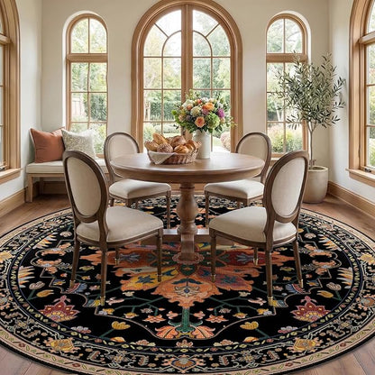 RELEANY Area Rugs 8ft Washable Non-Slip, Floral Vintage Distress Print Pattern Medallion Carpet for Living Room Bedroom Dining Room, Black Colorful Floral Dark Tan