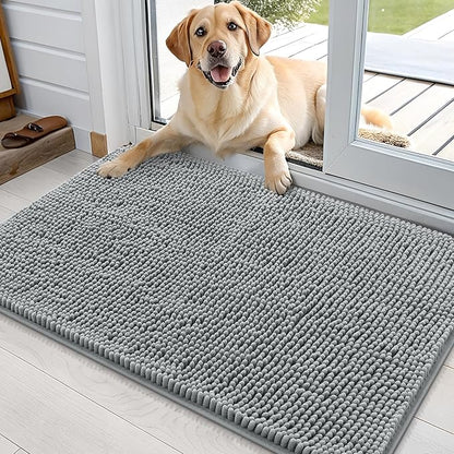 OLANLY Dog Door Mat for Muddy Paws 35x24, Absorbs Moisture and Dirt, Absorbent Non-Slip Washable Doormat, Quick Dry Chenille Mud Mat for Dogs, Entry Indoor Entryway Carpet for Inside Floor, Grey