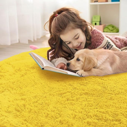 OLANLY Yellow Round Rugs for Bedroom - Machine Washable, 9 ft Circle Area Rugs for Living Room, Soft and Fluffy Shaggy Carpet for Teen Girl and Boys, Nursery Rooms, Dorms, Home Decor Aesthetic