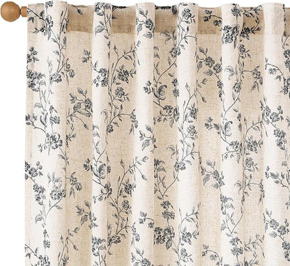 Lazzzy Farmhouse Linen Curtains Black Floral Curtains 84 Inch Length Back Tab Drapes for Living Room Bedroom Light Filtering Country Vintage Rod Pocket, 2 Panels, Black on Beige