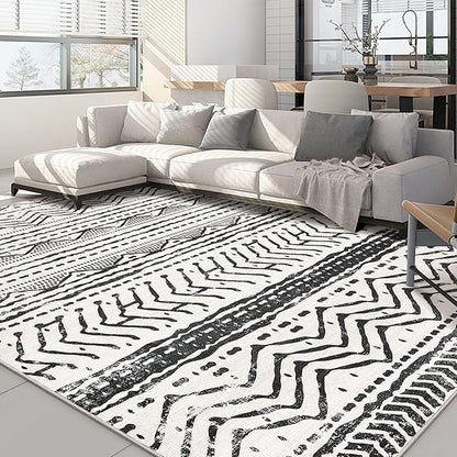 Nakagishi Black Rug for Living Room: 8x10 Washable Boho Large Neutral Soft Farmhouse Area Rugs Stain Resistant Modern Geometric Non-Slip Indoor Floor Carpet for Bedroom Playroom Office Dining Room