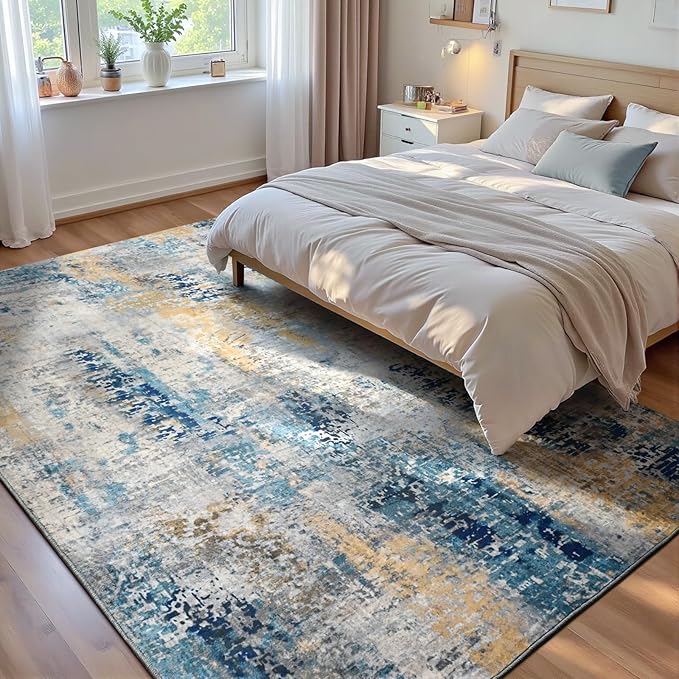 Ompaa Living Room Rug 5x8 Ultramarine Area Rug Machine Washable Boho Rug Non Slip Abstract Vintage Indoor Large Rugs for Bedroom, Classroom, College Dorm, Farmhouse, Dining Room, Kids Playroom