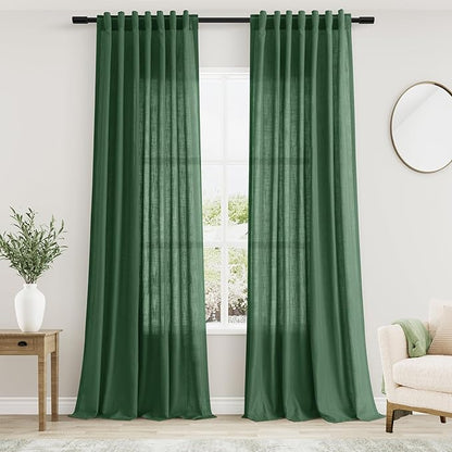 Nanspring Green Boho Curtains for Bedroom Back Tab Rod Pocket Semi Sheer Linen Curtains 90 Inches Long 2 Panel Set Light Filtering Neutral Farmhouse Lightweight Drapes for Living Room 52x90