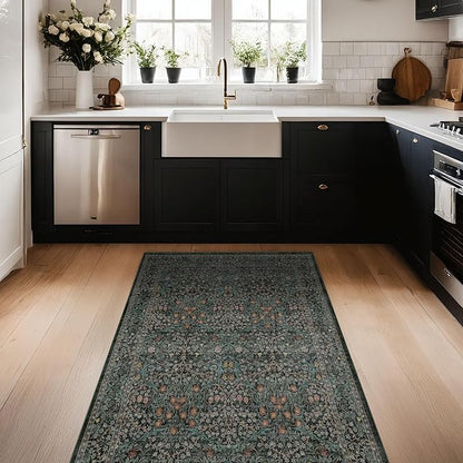 Dark Green 4x6 Washable Area Rug for Living Room Bedroom Large Entryway Kitchen, Ultra Soft Non Slip Stain Resistance, Floral Distressed Aethestic Design