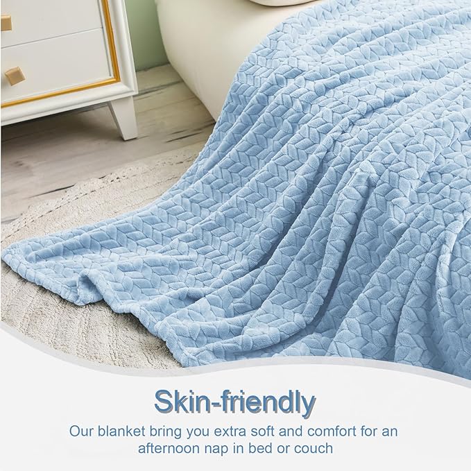 Exclusivo Mezcla Light Blue Fleece King Size Blanket for Bed, 90x104 Inches Soft Cozy 3D Decorative Jacquard Flannel Blankets, Lightweight Fuzzy Plush Warm Blankets for All Seasons