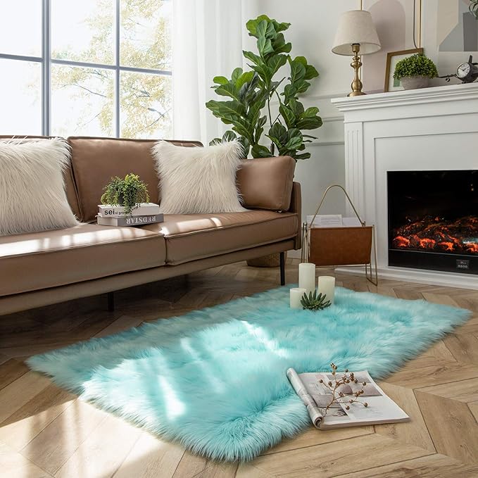 Ashler Faux Fur Area Rug, Fluffy Shaggy 3 x 5 Feet Rectangle Turquoise Fuzzy Machine Washable Shag Rug for Nursery, Kids & Living Room