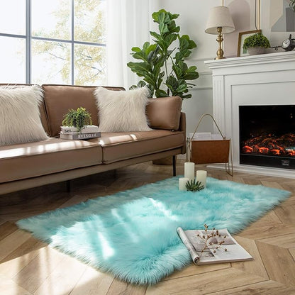 Ashler Faux Fur Area Rug, Fluffy Shaggy 3 x 5 Feet Rectangle Turquoise Fuzzy Machine Washable Shag Rug for Nursery, Kids & Living Room