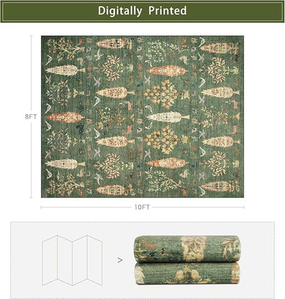 Washable Rugs 8x10 Area Rugs for Living Room,Bedroom,Dining Room- Large Ultra Soft Faux Wool Retro Carpet,Non Slip&Non-Shedding Low Pile Vintage Print Rug for Home Office Dorm-Grass Green