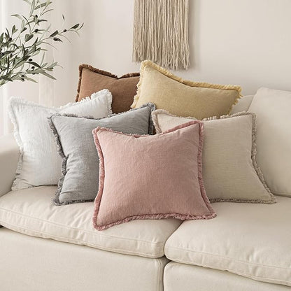 MIULEE Decorative Throw Pillow Covers Neutral Linen Fringe Throw Pillows Euro Shams Set of 2 White Boho Farmhouse Cushion Covers for Couch Sofa Bed Living Room Spring Home Decor 26x26 Inch