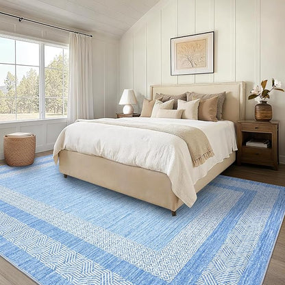 GarveeHome 8x10 Large Washable Area Rug Modern Bordered Distressed Geometric Floor Carpet, Soft Non Slip Low Pile Non Shedding Indoor Light Blue Carpet for Bedroom, Living Room