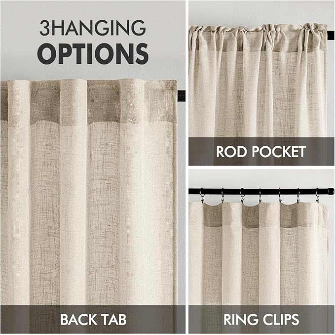 MIULEE Beige Linen Curtains 90 Inch Long 2 Panels for Bedroom Living Room, Soft Linen Textured Window Drapes Semi Sheer Light Filtering Back Tab Rod Pocket Farmhouse Modern Burlap Look Decor