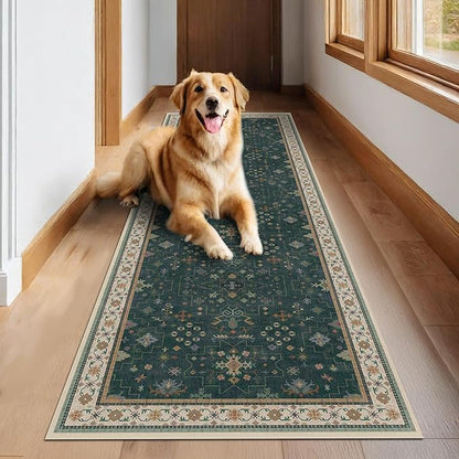 Hazo Haus Dark Green 2x8 Non Slip Kitchen Runner Rugs - Modern Vintage Boho Eclectic Floral Pattern, Washable Low Pile Non-Slip 8ft Long Runner Rugs for Hallway, Entrance